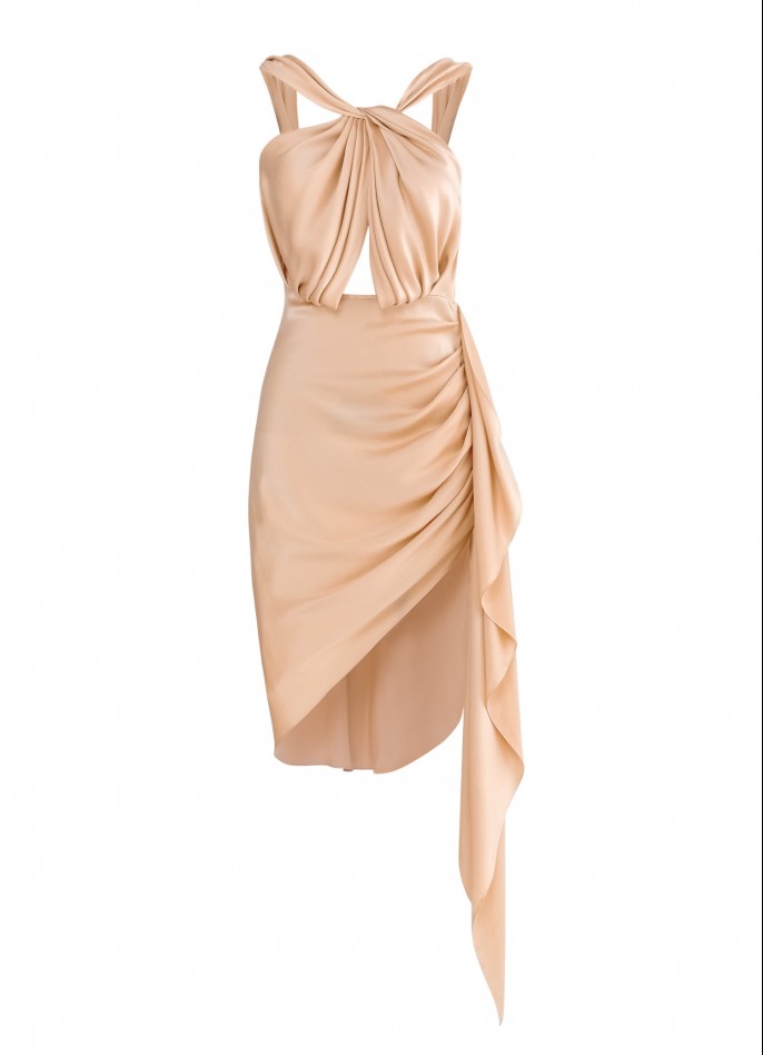 PRE-ORDER : DRAPED SILK SATIN BACKLESS DRESS - LIGHT BEIGE